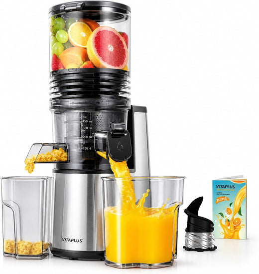 VITAPLUS Cold Press Juicer with Stainless Steel Auger, Lab-Certified Food-Safe, AC Motor, 5.8" Whole-Fruit Chute, High Juice Yield Slow Masticating Juicer for Juice & Nut Milk, BPA-Free, Easy Clean