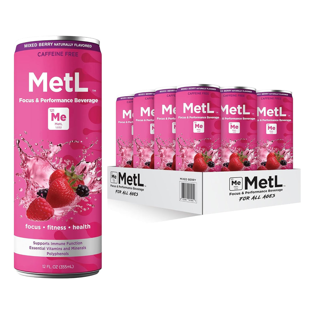 MetL Focus & Performance Drink - Caffeine Free, Zero Sugar Added Energy Drinks with Nootropics, Antioxidants, & Vitamins for Mental Clarity & Clean Fuel, Mixed Berry, 12 Pack of 12 oz. Cans