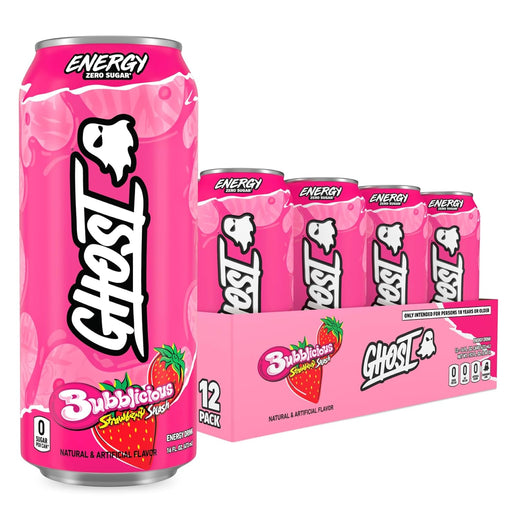 GHOST Energy Drink Zero Sugar 12 Pack - Bubblicious Strawberry Splash, 200mg of Natural Caffeine, L-Carnitine & Taurine - No Artificial Colors, Gluten Free & Vegan - 16 Fl Oz Cans, Pre Workout Drink