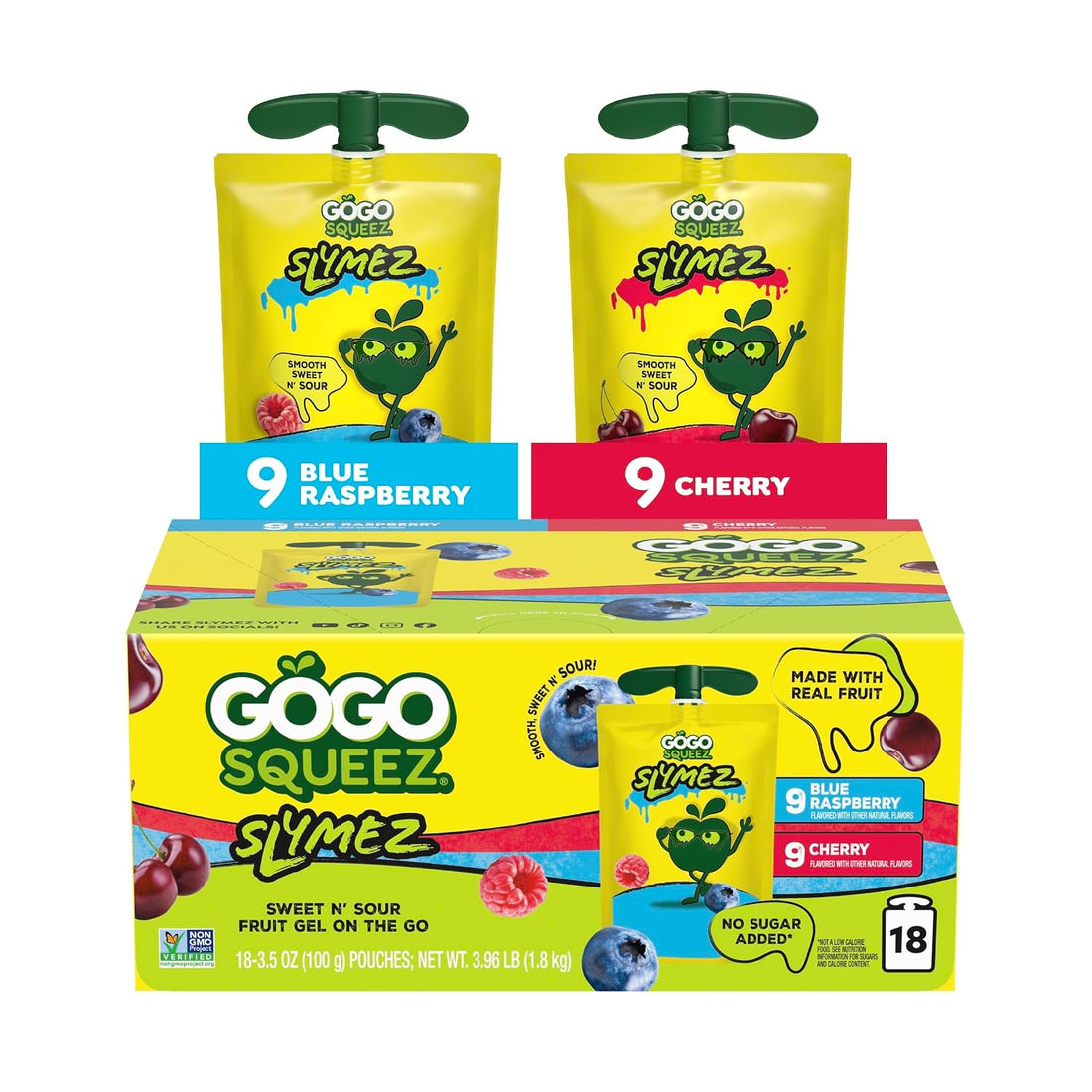 GoGo squeeZ No Sugar Added Variety Pack Blue Raspberry and Cherry SlymeZ Fruit Gel On The Go, 3.5 oz Pouches (Pack of 18) Gluten Free, Nut Free, Recloseable Cap, BPA Free
